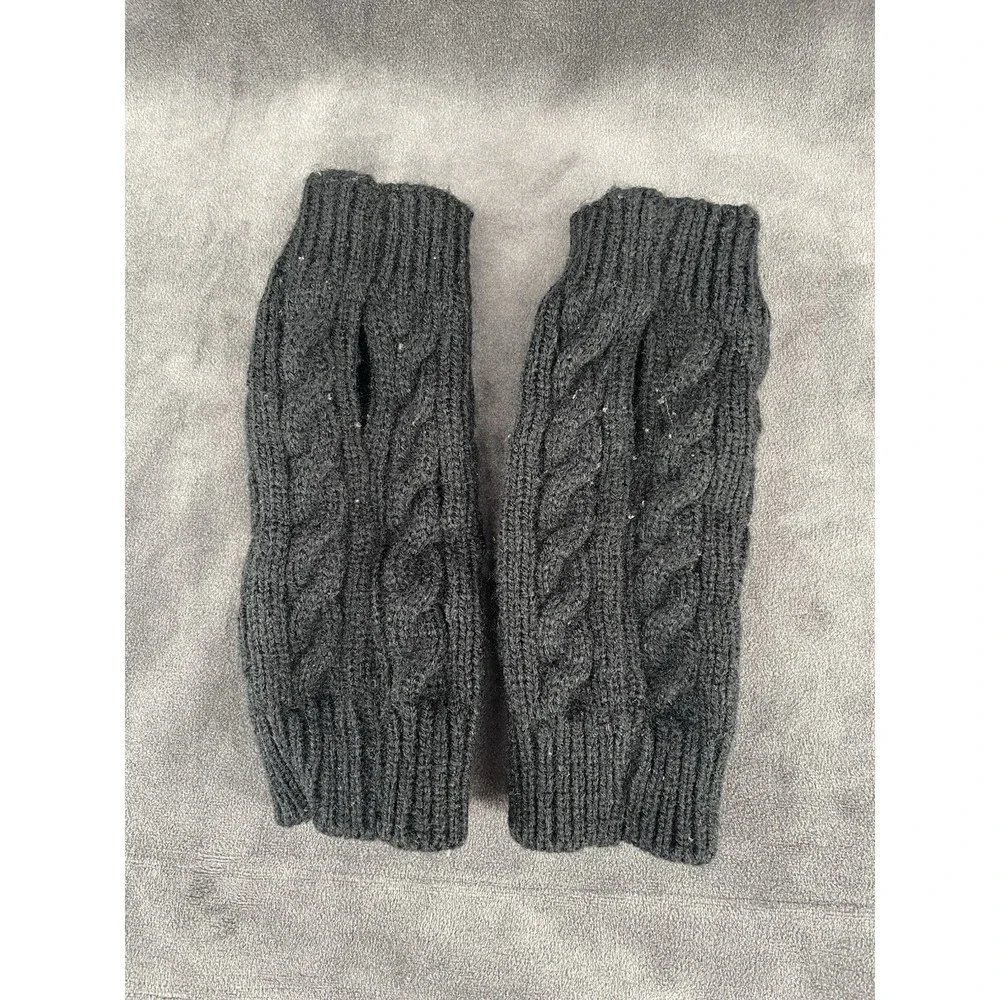 Black Cable Knit Fingerless Gloves Hand Warmers Winter One Size Pair